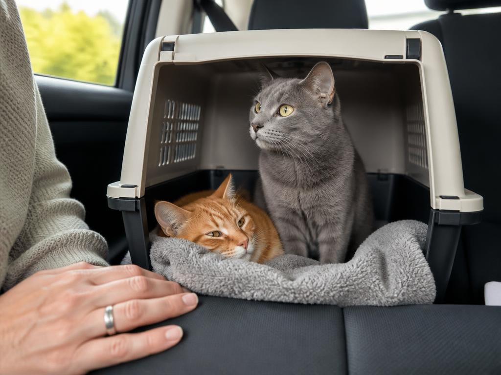 Two cats resting calmly in a clean travel carrier with a caregiver's hand nearby during a long-distance transport