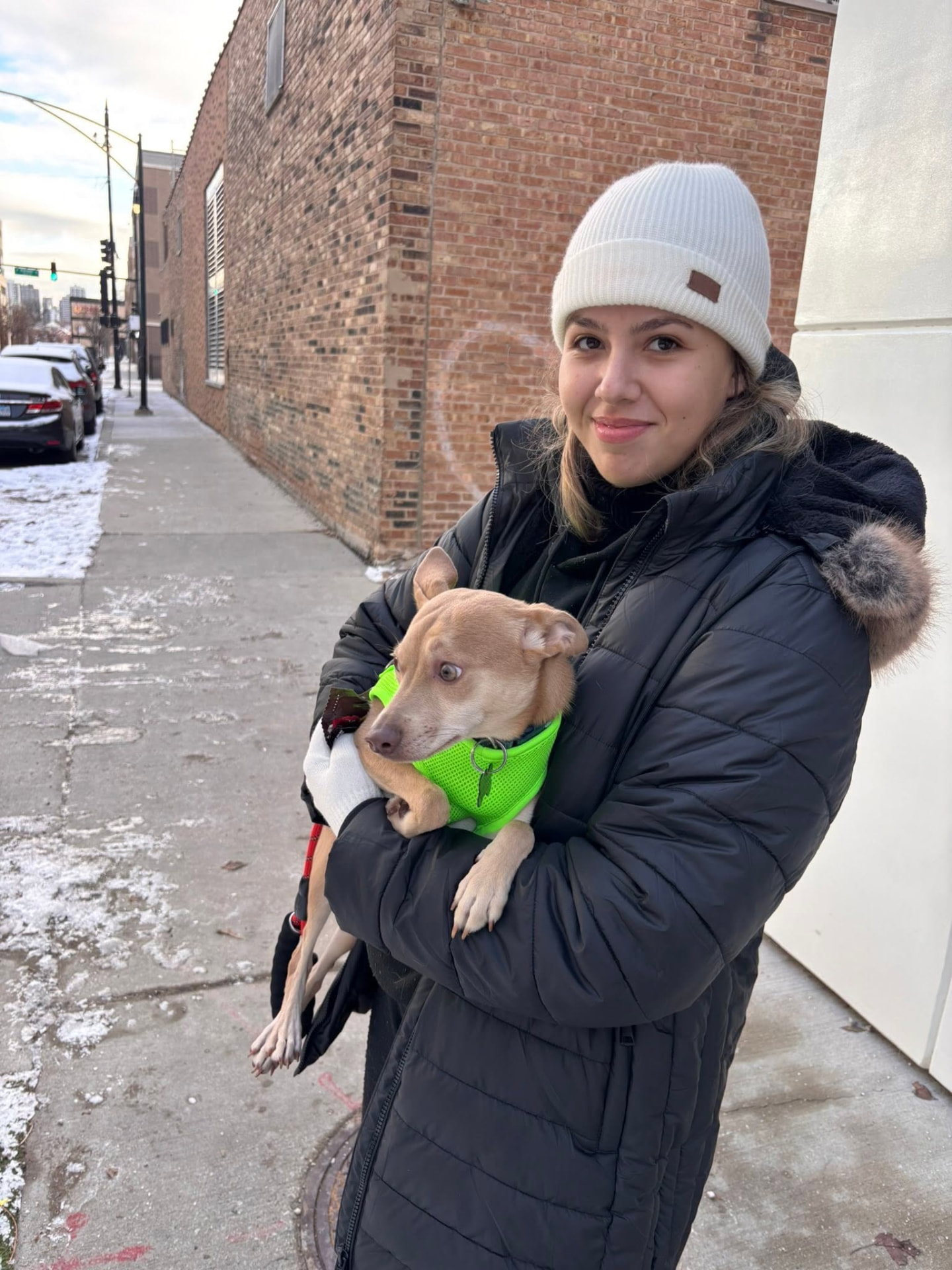 Pet parent in a white beanie holding her rescue dog in a green harness after a safe city delivery